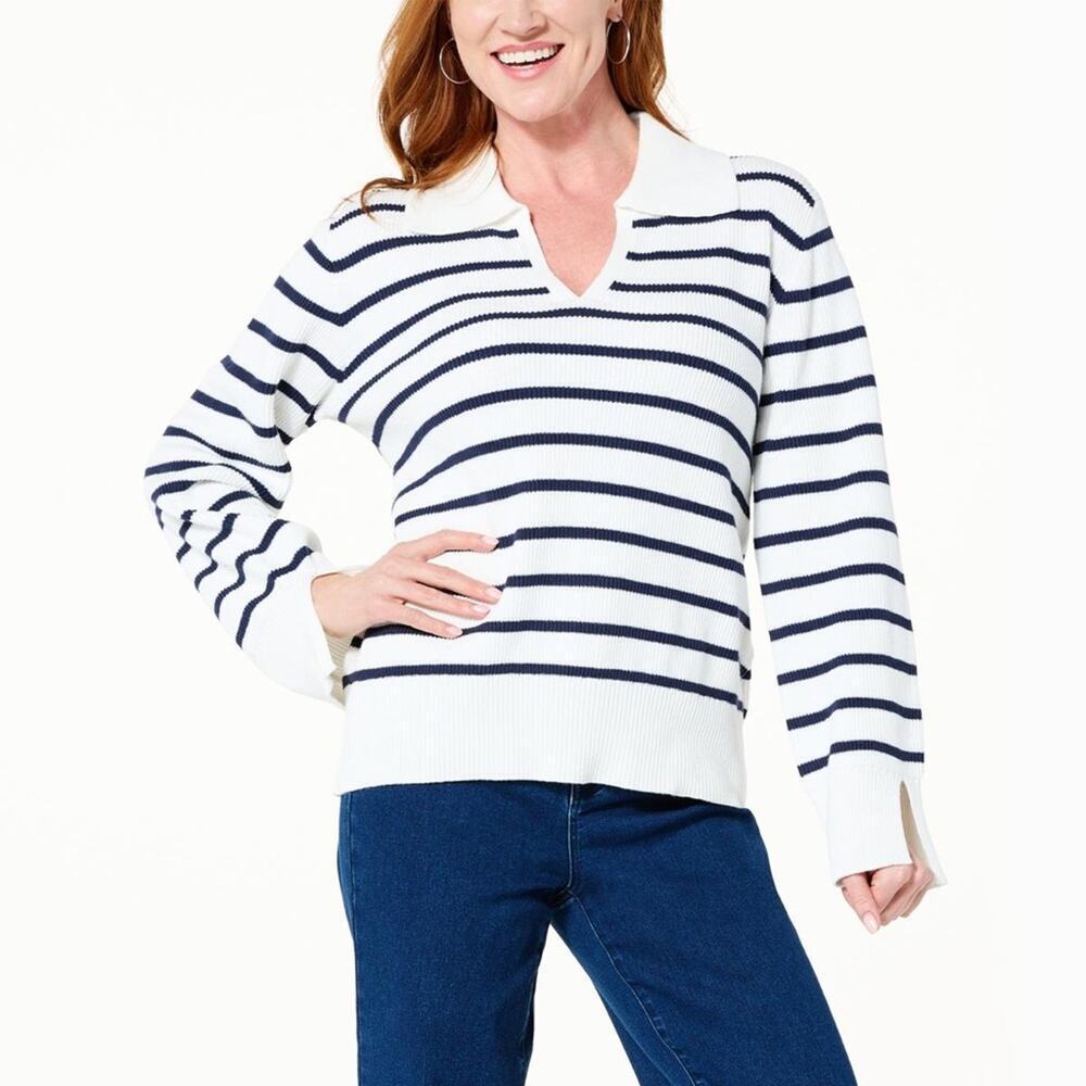 DG2 Diane Gilman Striped Organic Cotton Johnny Collar Sweater Navy White Plus 2X